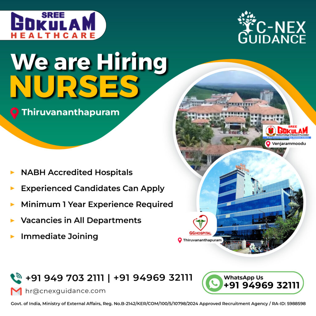 Nursing Recruitment for Sree Gokulam Healthcare Institutions