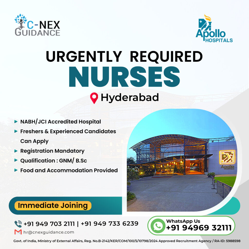 Nursing Recruitment for Apollo Hospitals, Hyderabad -  Direct Interview